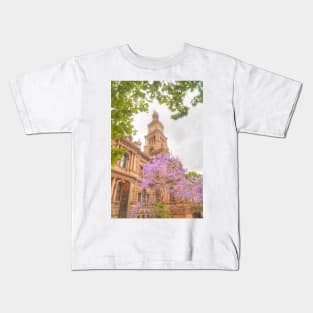 Sydney Town Hall with jacaranda Kids T-Shirt